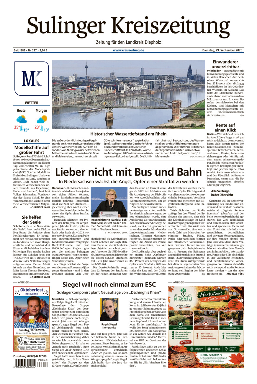 Sulinger Kreiszeitung vom Dienstag, 29.09.2026