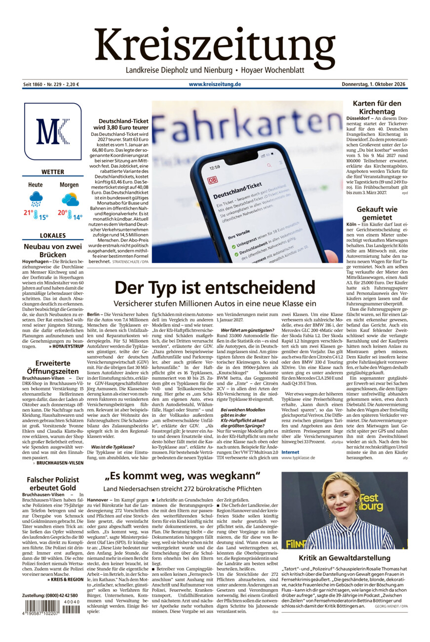 Kreiszeitung Bruchh.-Vilsen/Hoya vom Donnerstag, 01.10.2026