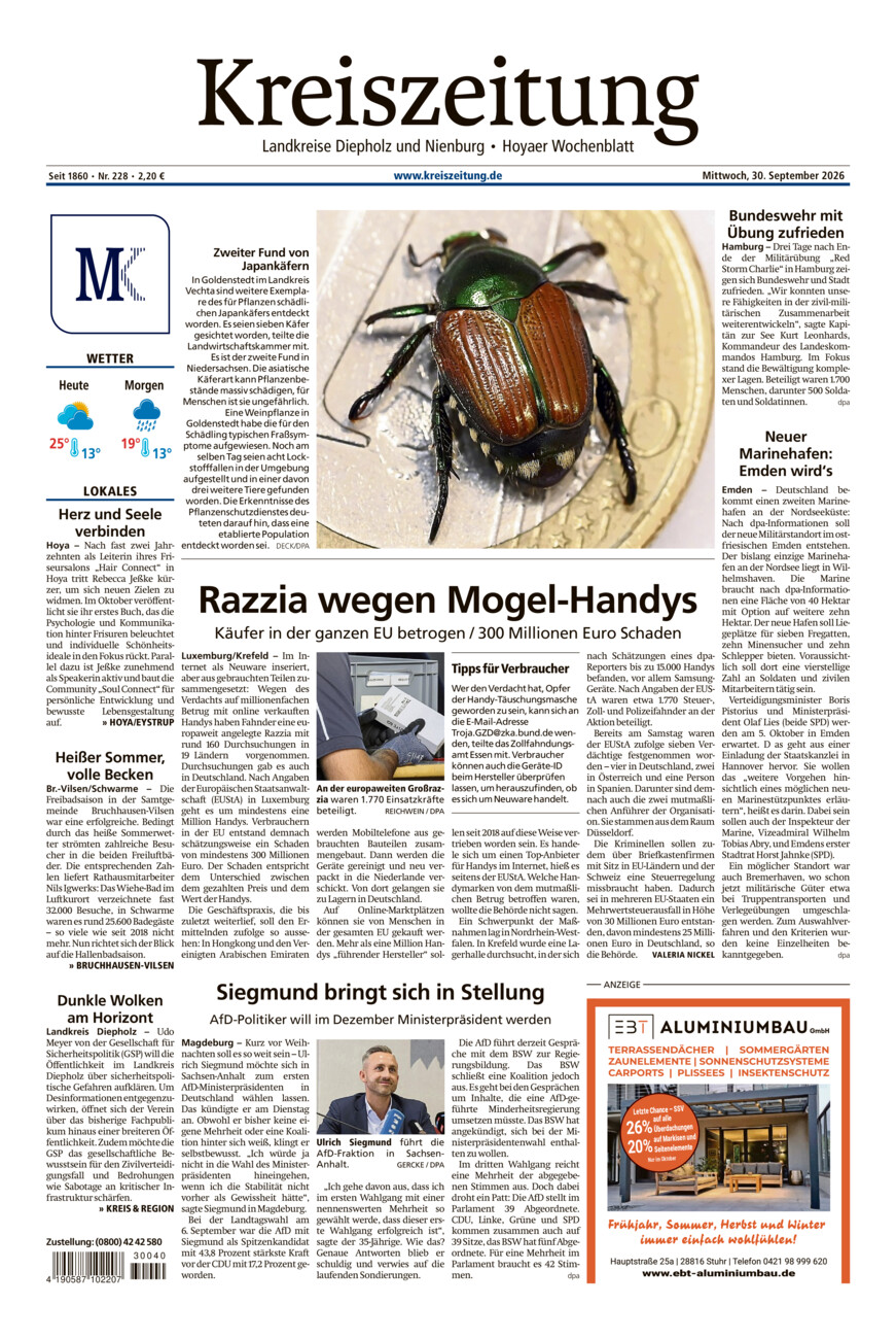 Kreiszeitung Bruchh.-Vilsen/Hoya vom Mittwoch, 30.09.2026