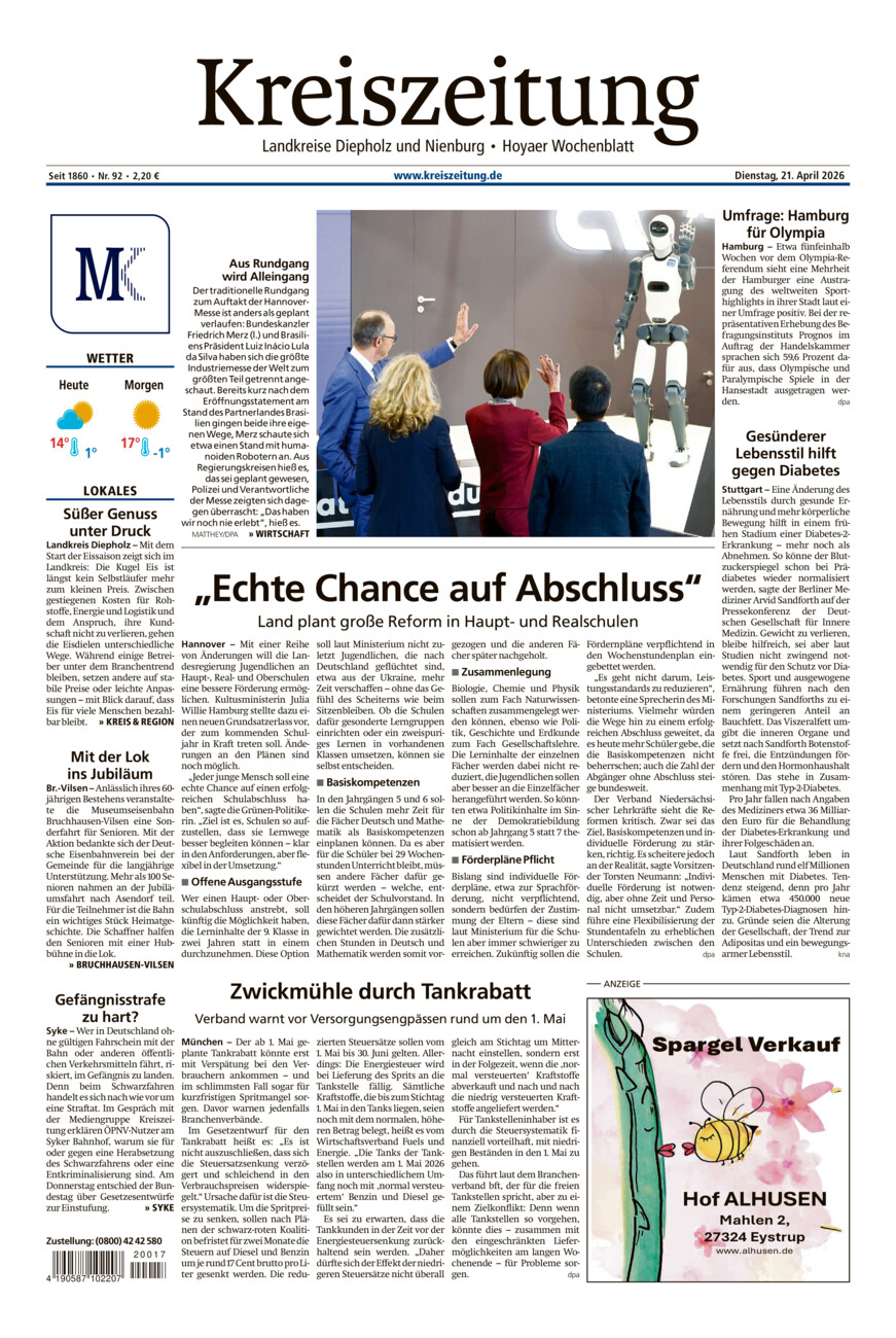 Kreiszeitung Bruchh.-Vilsen/Hoya vom Dienstag, 21.04.2026