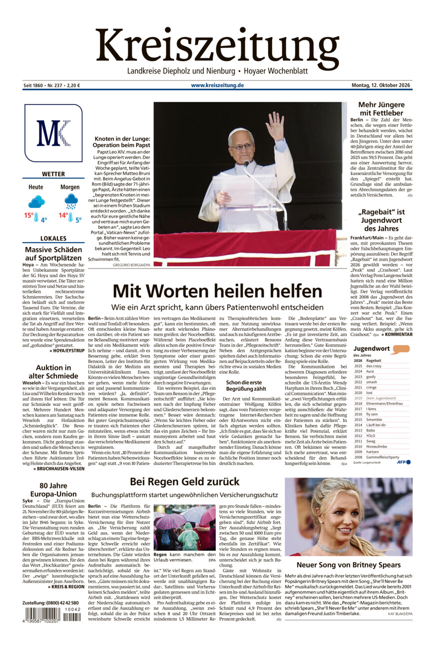 Kreiszeitung Bruchh.-Vilsen/Hoya vom Montag, 12.10.2026