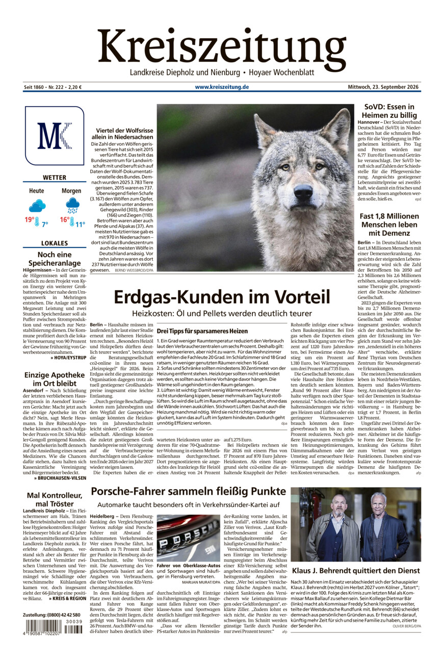 Kreiszeitung Bruchh.-Vilsen/Hoya vom Mittwoch, 23.09.2026