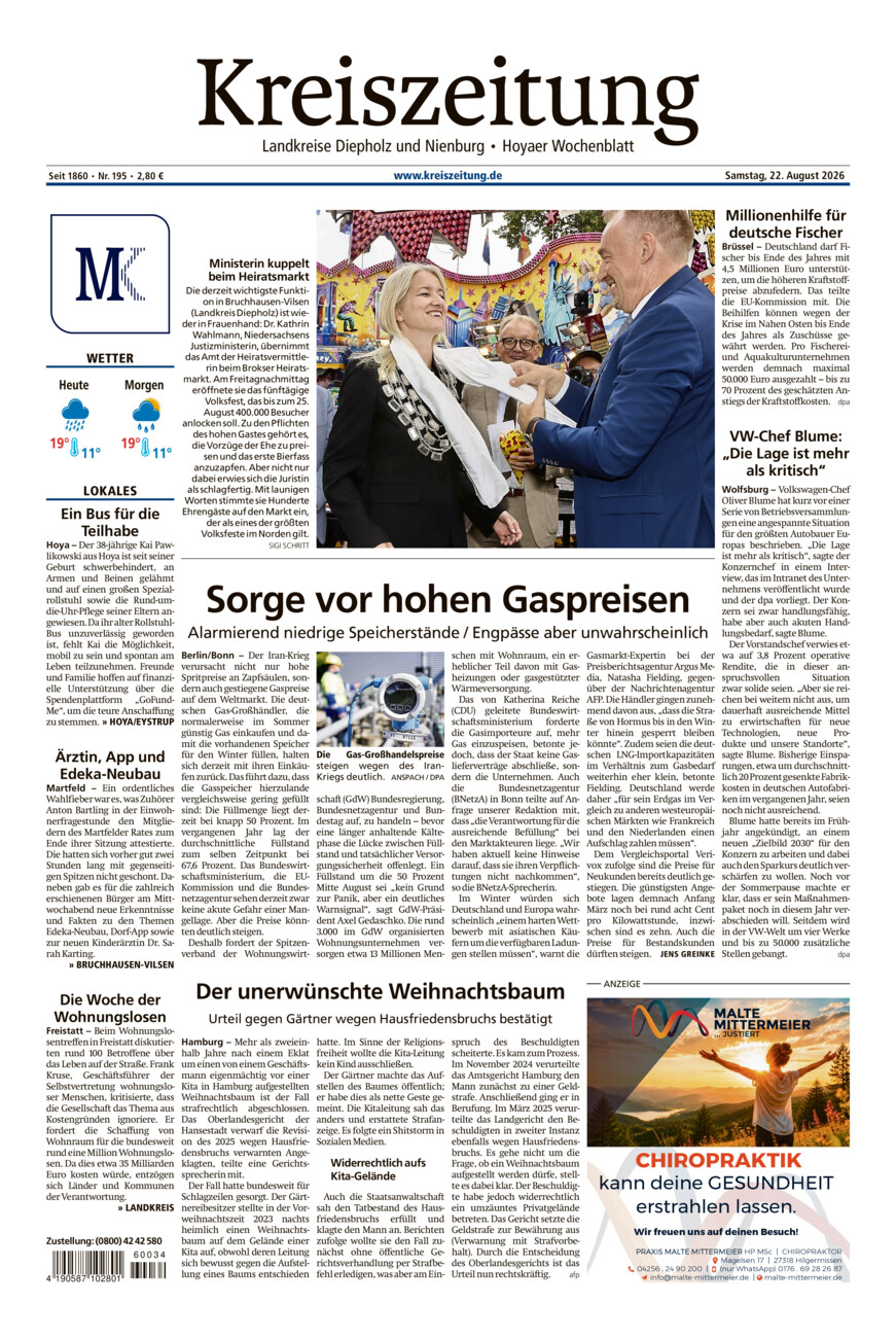 Kreiszeitung Bruchh.-Vilsen/Hoya vom Samstag, 22.08.2026