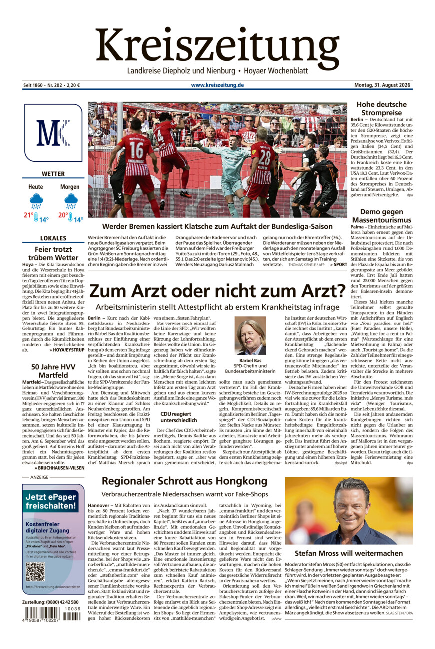 Kreiszeitung Bruchh.-Vilsen/Hoya vom Montag, 31.08.2026