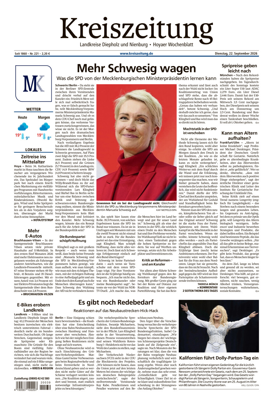 Kreiszeitung Bruchh.-Vilsen/Hoya vom Dienstag, 22.09.2026
