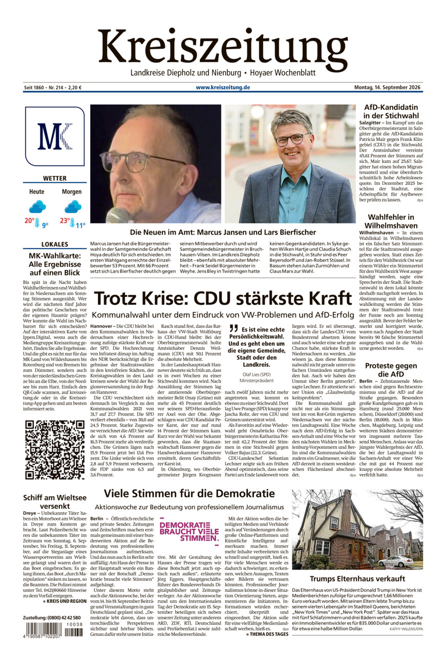 Kreiszeitung Bruchh.-Vilsen/Hoya vom Montag, 14.09.2026