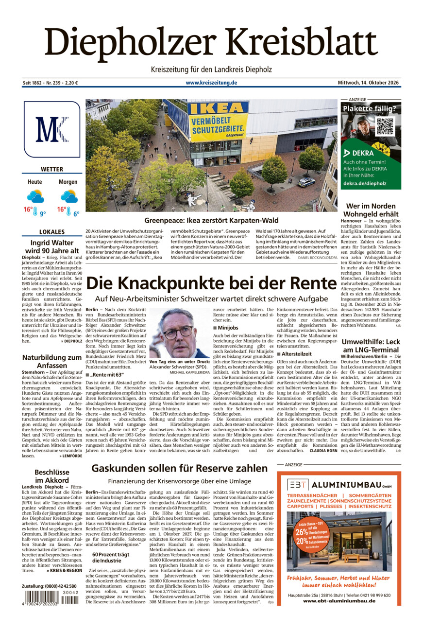 Diepholzer Kreisblatt vom Mittwoch, 14.10.2026