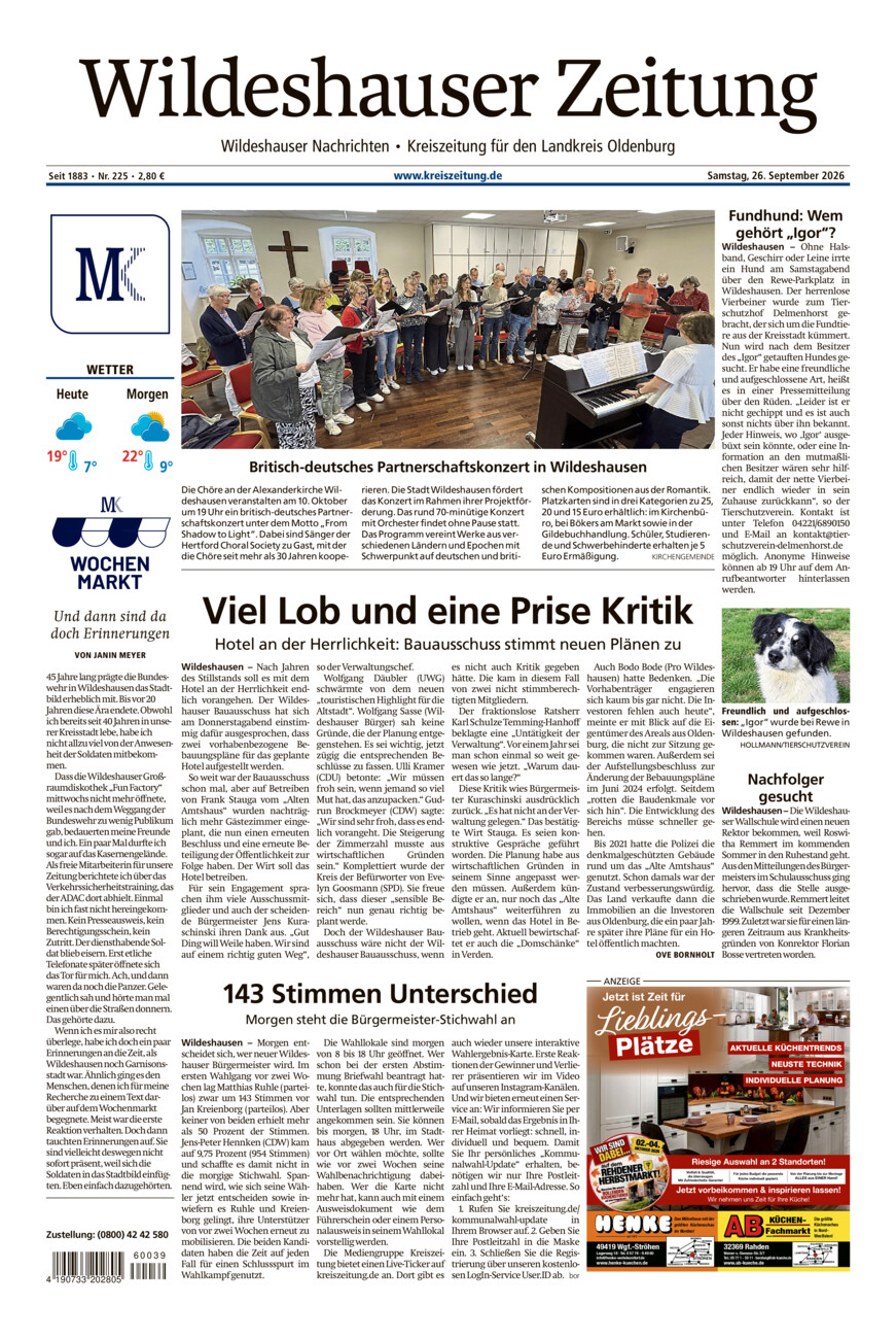 Wildeshauser Zeitung vom Samstag, 26.09.2026