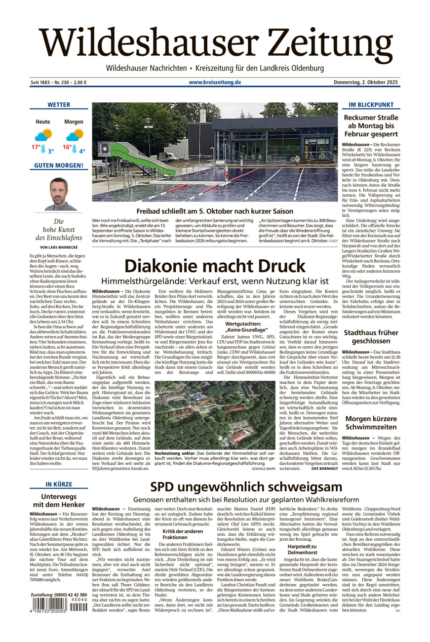 Wildeshauser Zeitung vom Donnerstag, 02.10.2025