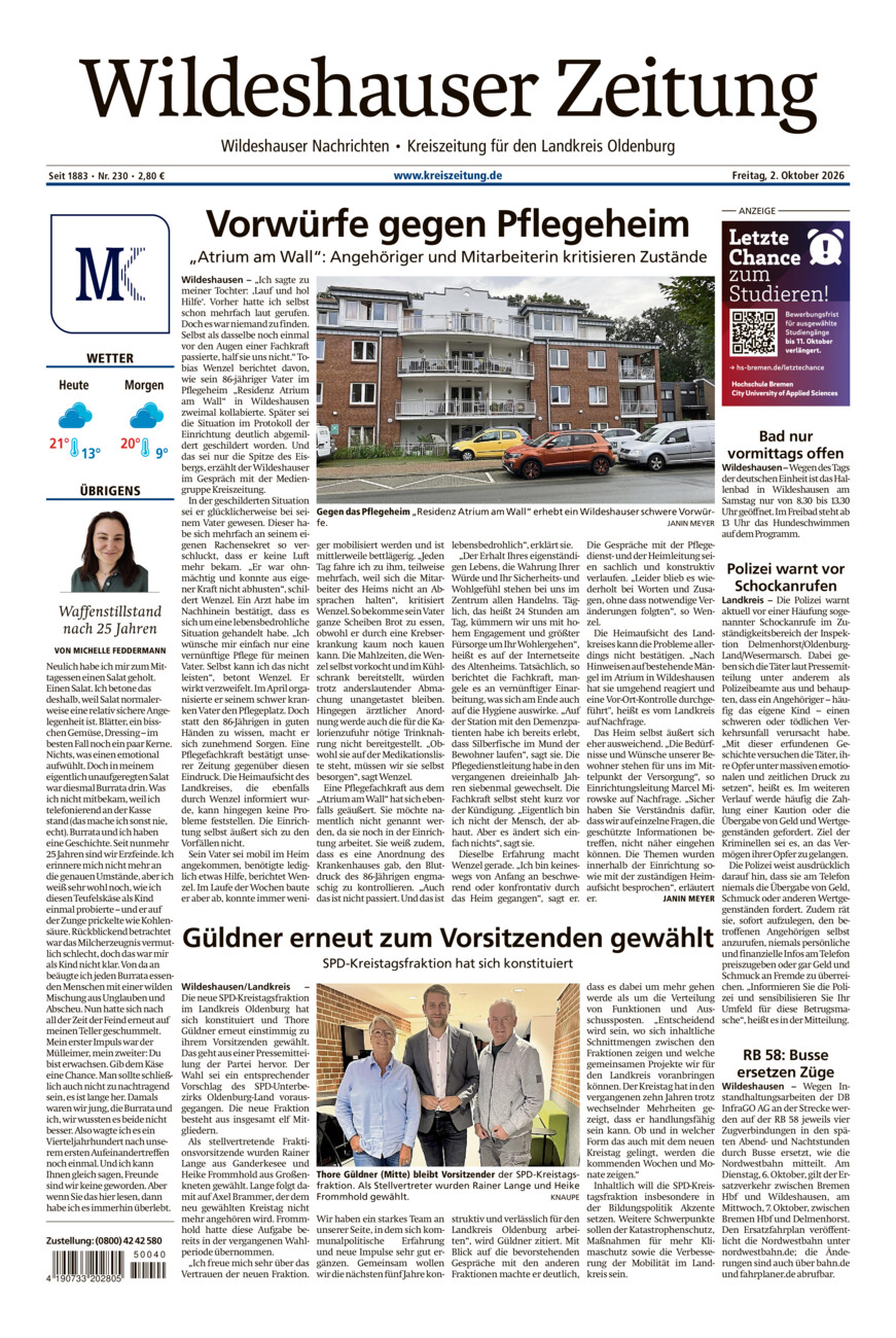 Wildeshauser Zeitung vom Freitag, 02.10.2026