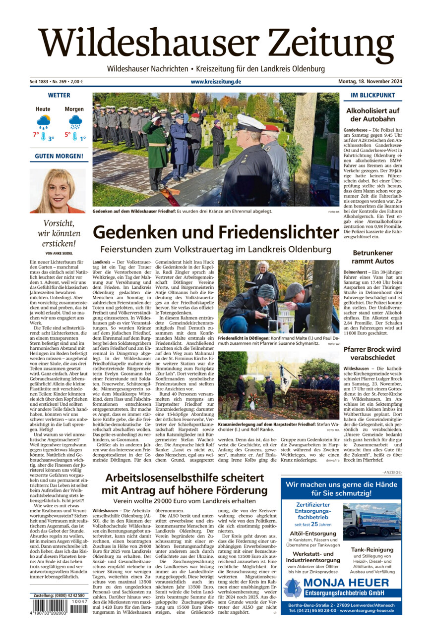 Wildeshauser Zeitung vom Montag, 18.11.2024