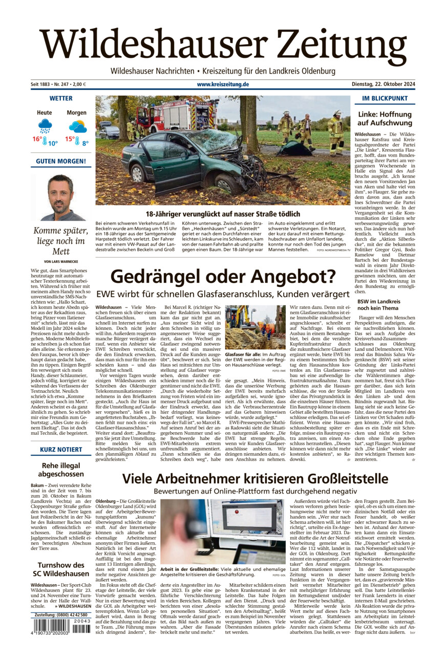 Wildeshauser Zeitung vom Dienstag, 22.10.2024