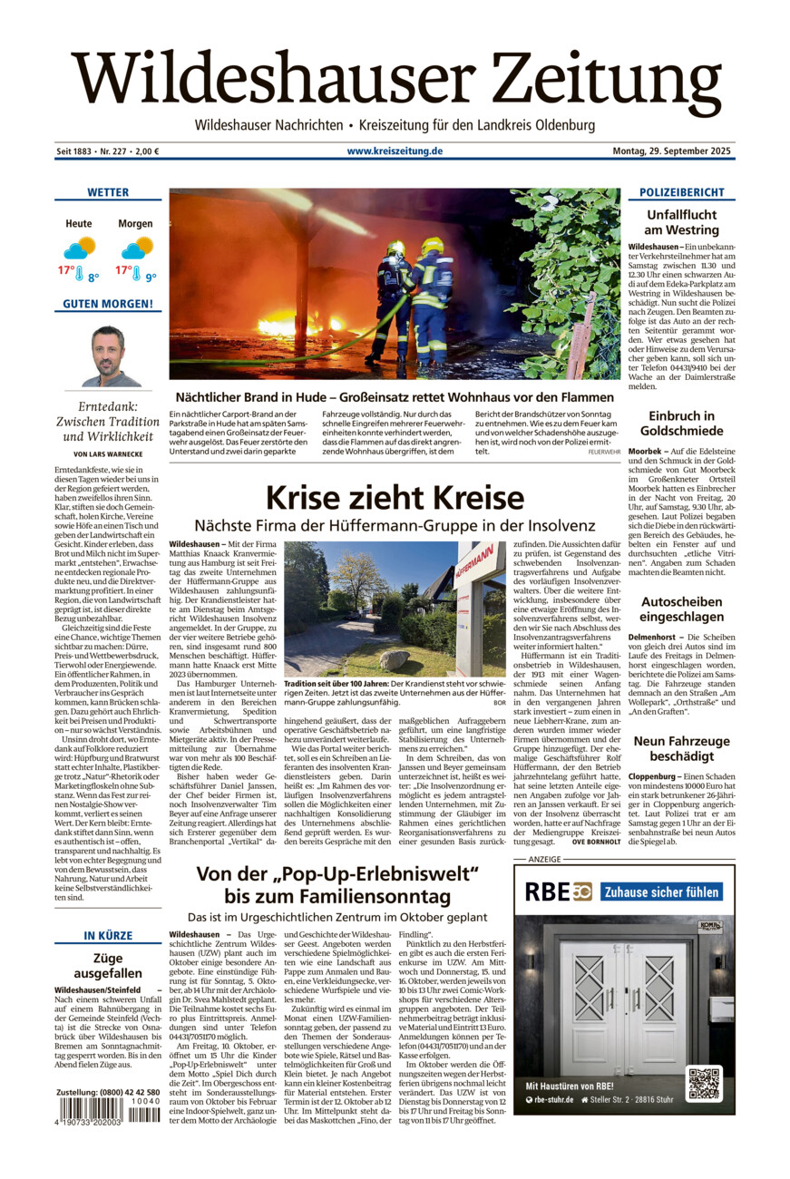 Wildeshauser Zeitung vom Montag, 29.09.2025