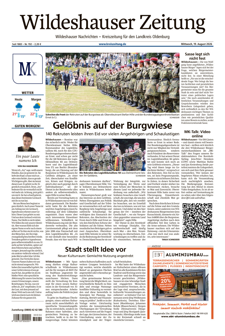 Wildeshauser Zeitung vom Mittwoch, 19.08.2026