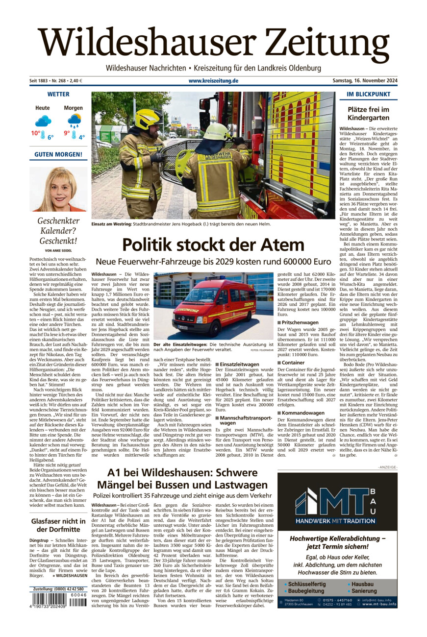 Wildeshauser Zeitung vom Samstag, 16.11.2024