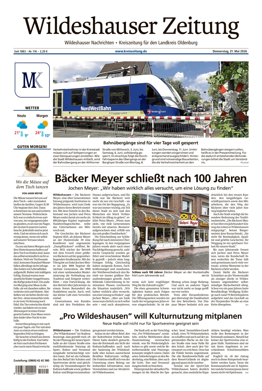 Wildeshauser Zeitung vom Donnerstag, 21.05.2026