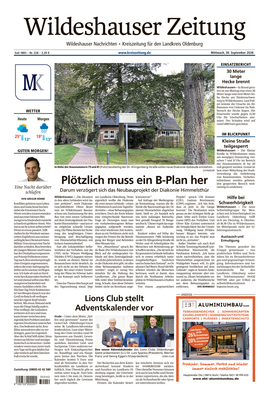 Wildeshauser Zeitung vom Mittwoch, 30.09.2026