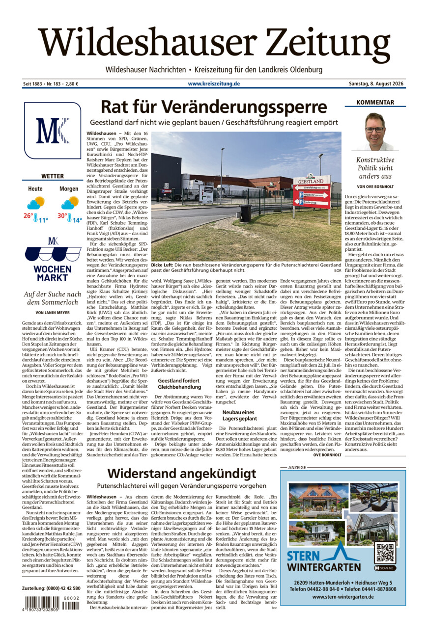 Wildeshauser Zeitung vom Samstag, 08.08.2026