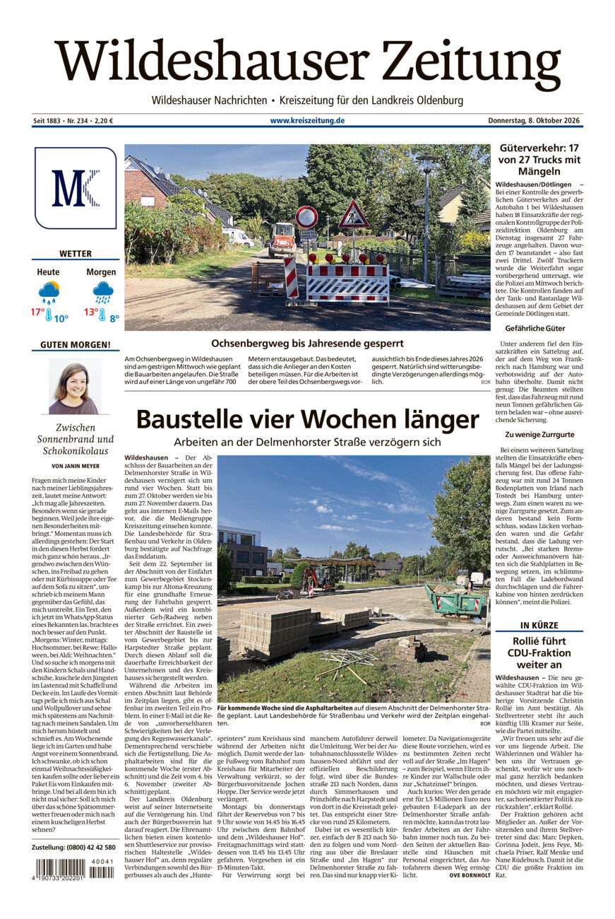 Wildeshauser Zeitung vom Donnerstag, 08.10.2026