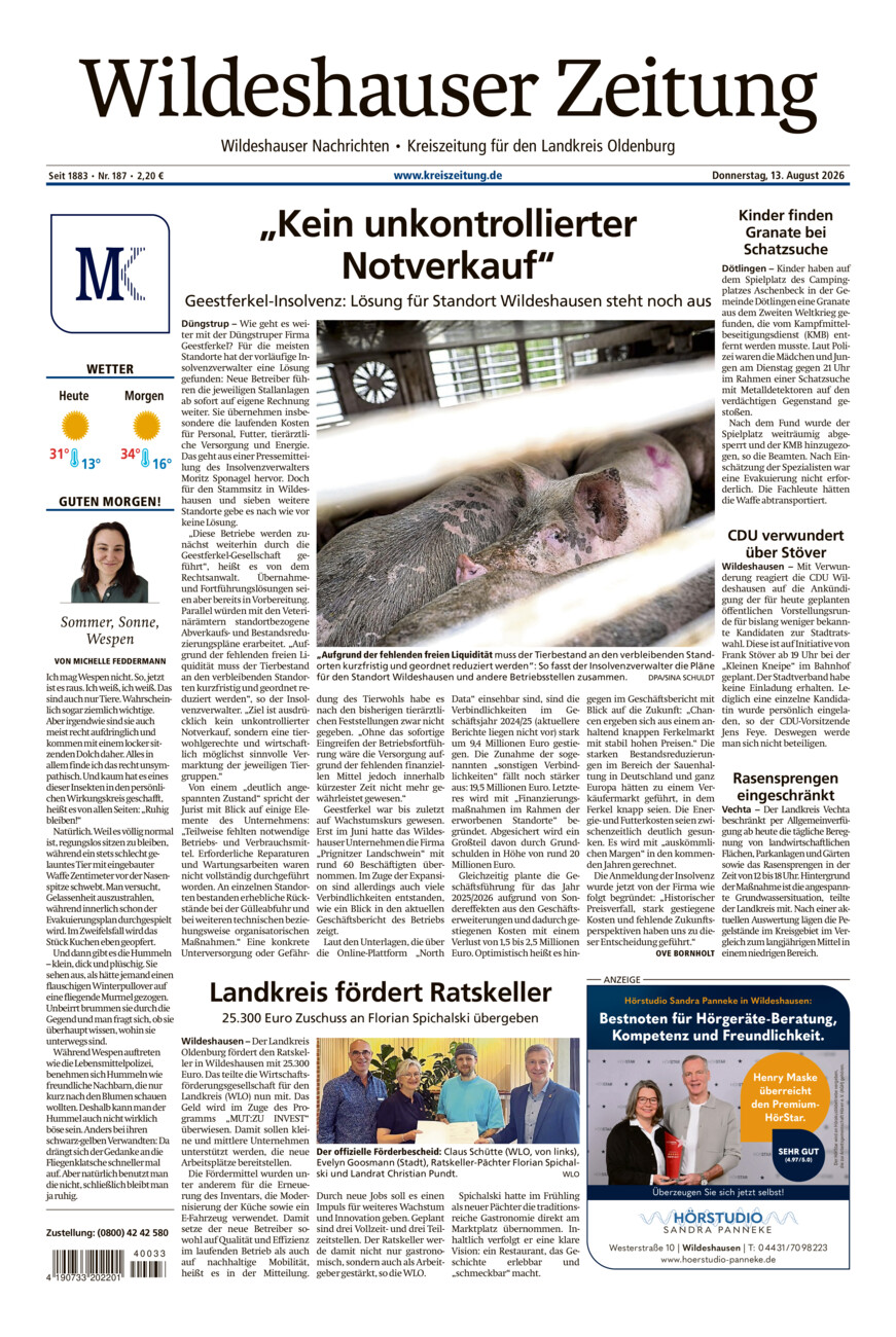 Wildeshauser Zeitung vom Donnerstag, 13.08.2026
