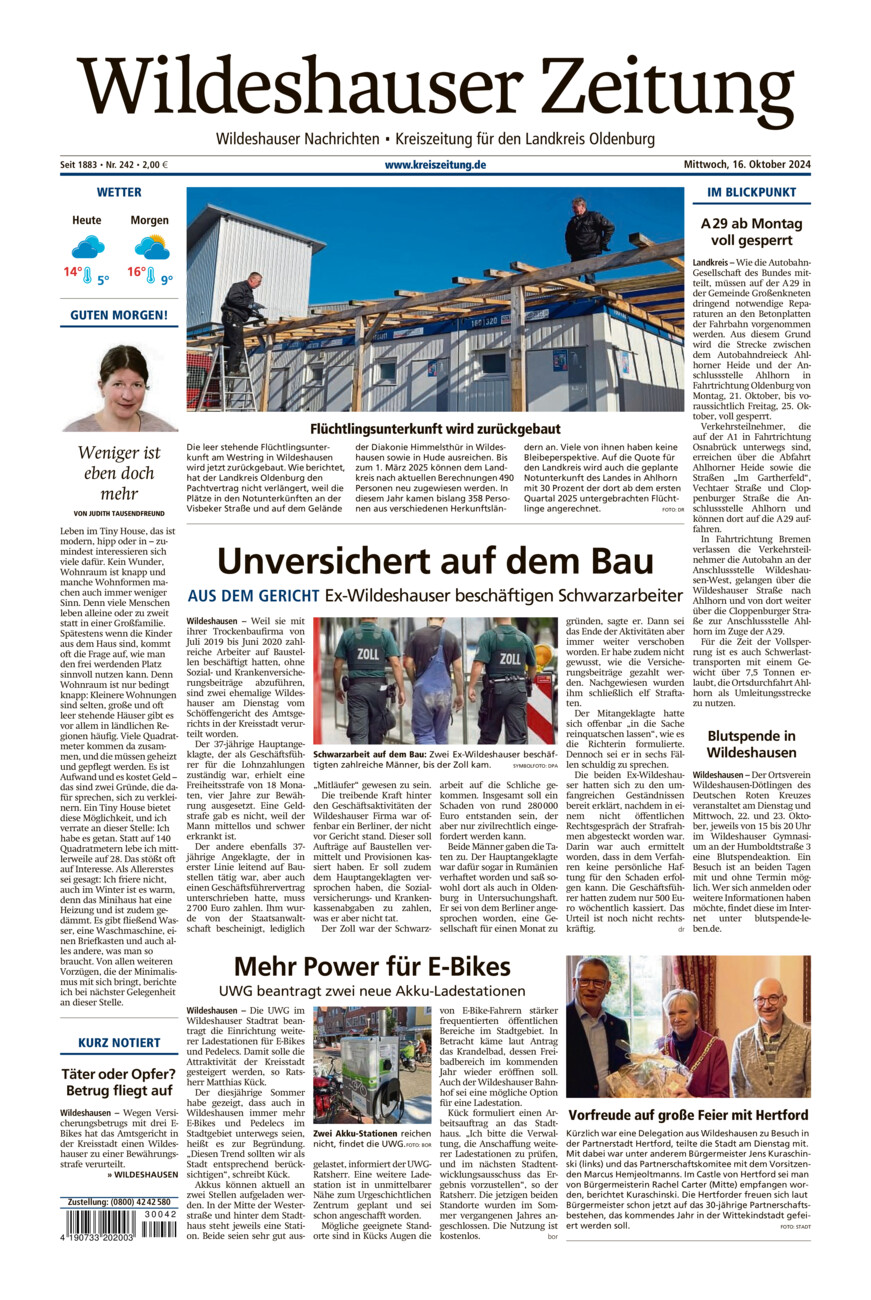 Wildeshauser Zeitung vom Mittwoch, 16.10.2024