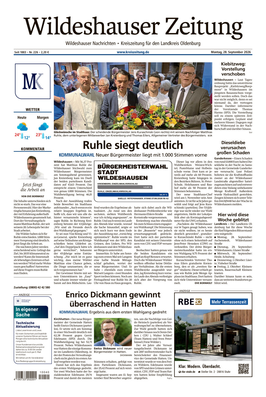 Wildeshauser Zeitung vom Montag, 28.09.2026