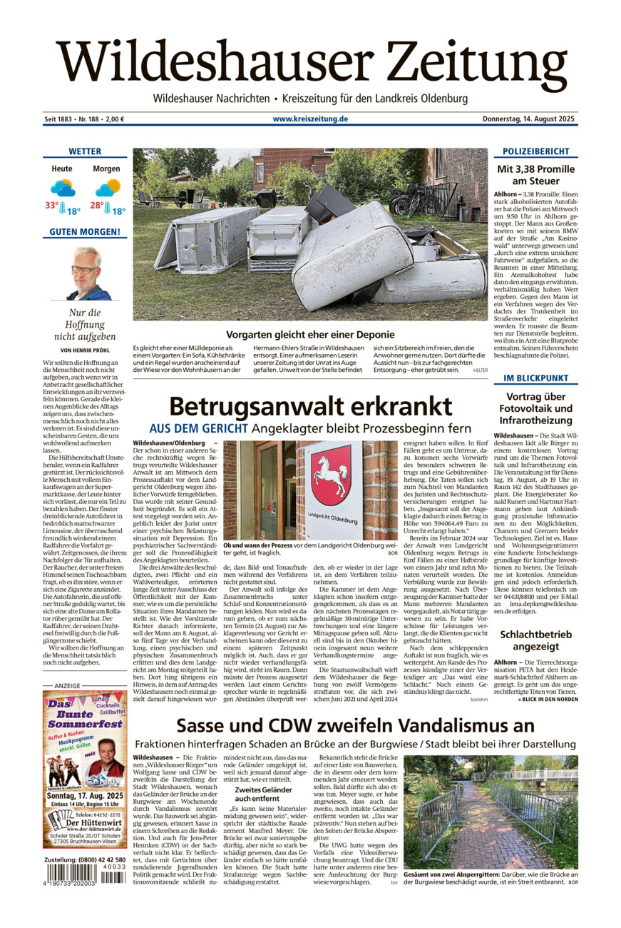 Wildeshauser Zeitung vom Donnerstag, 14.08.2025