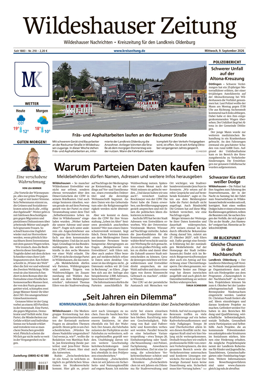 Wildeshauser Zeitung vom Mittwoch, 09.09.2026