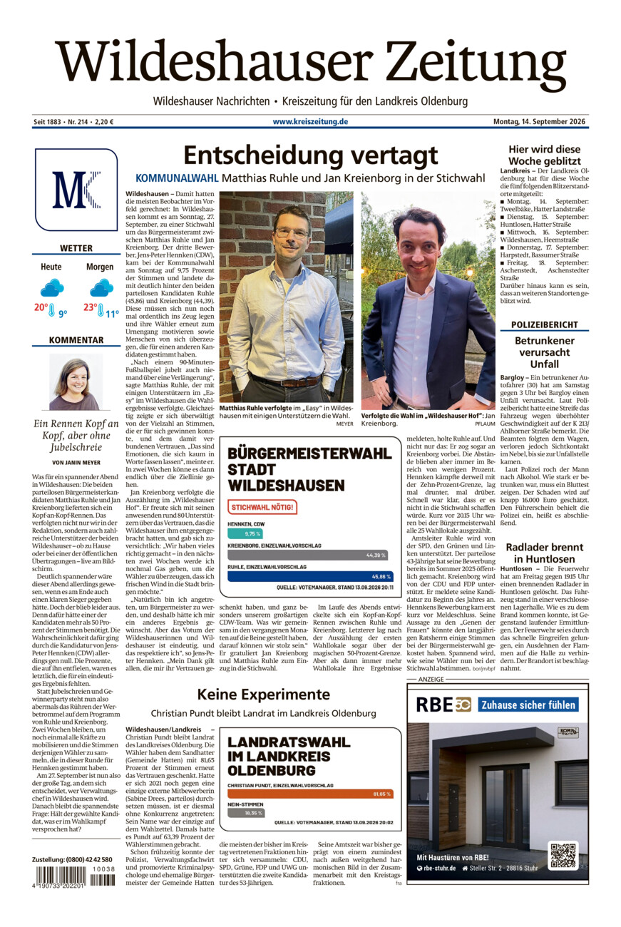 Wildeshauser Zeitung vom Montag, 14.09.2026