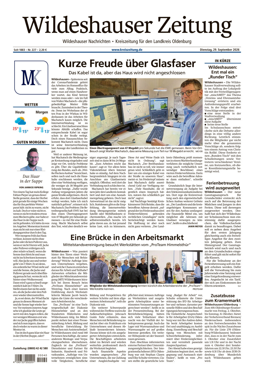 Wildeshauser Zeitung vom Dienstag, 29.09.2026