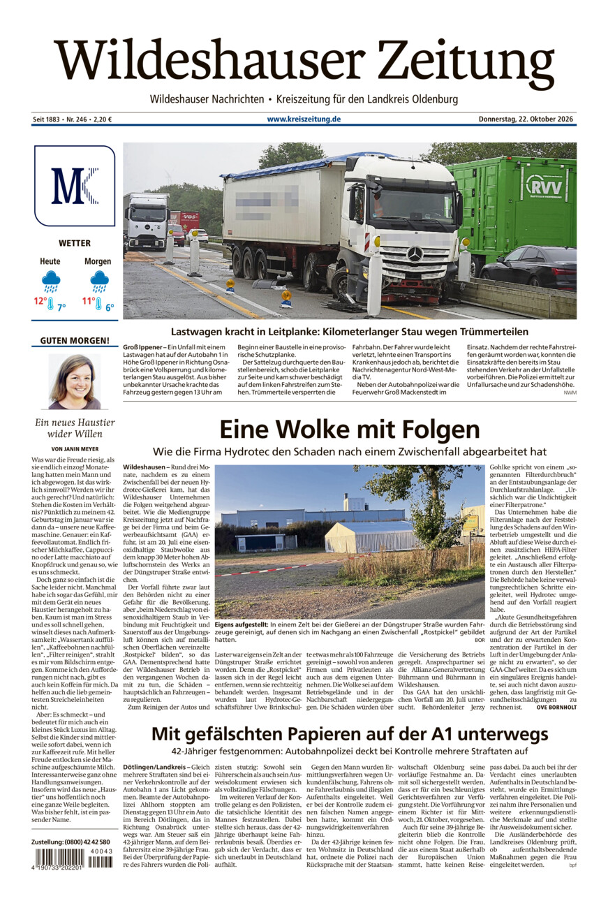 Wildeshauser Zeitung vom Donnerstag, 22.10.2026