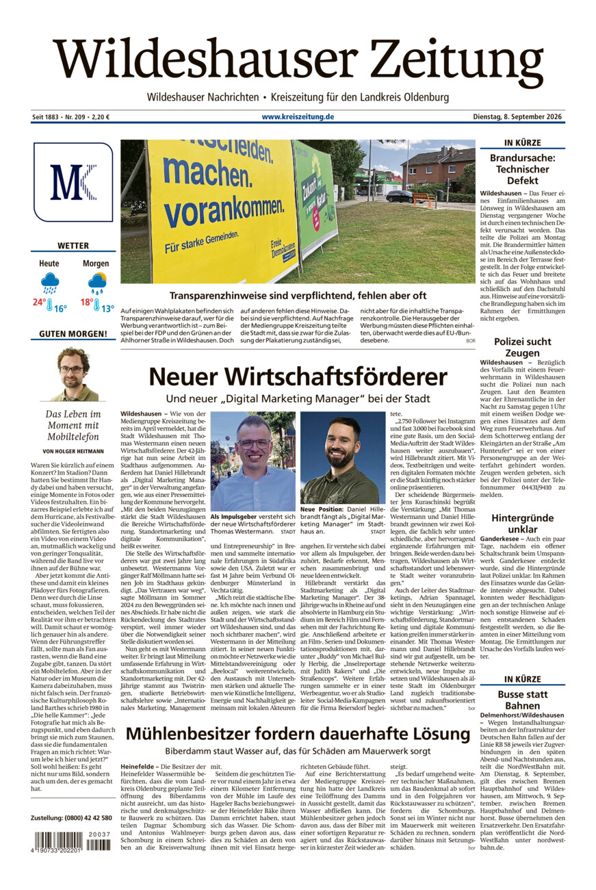 Wildeshauser Zeitung vom Dienstag, 08.09.2026