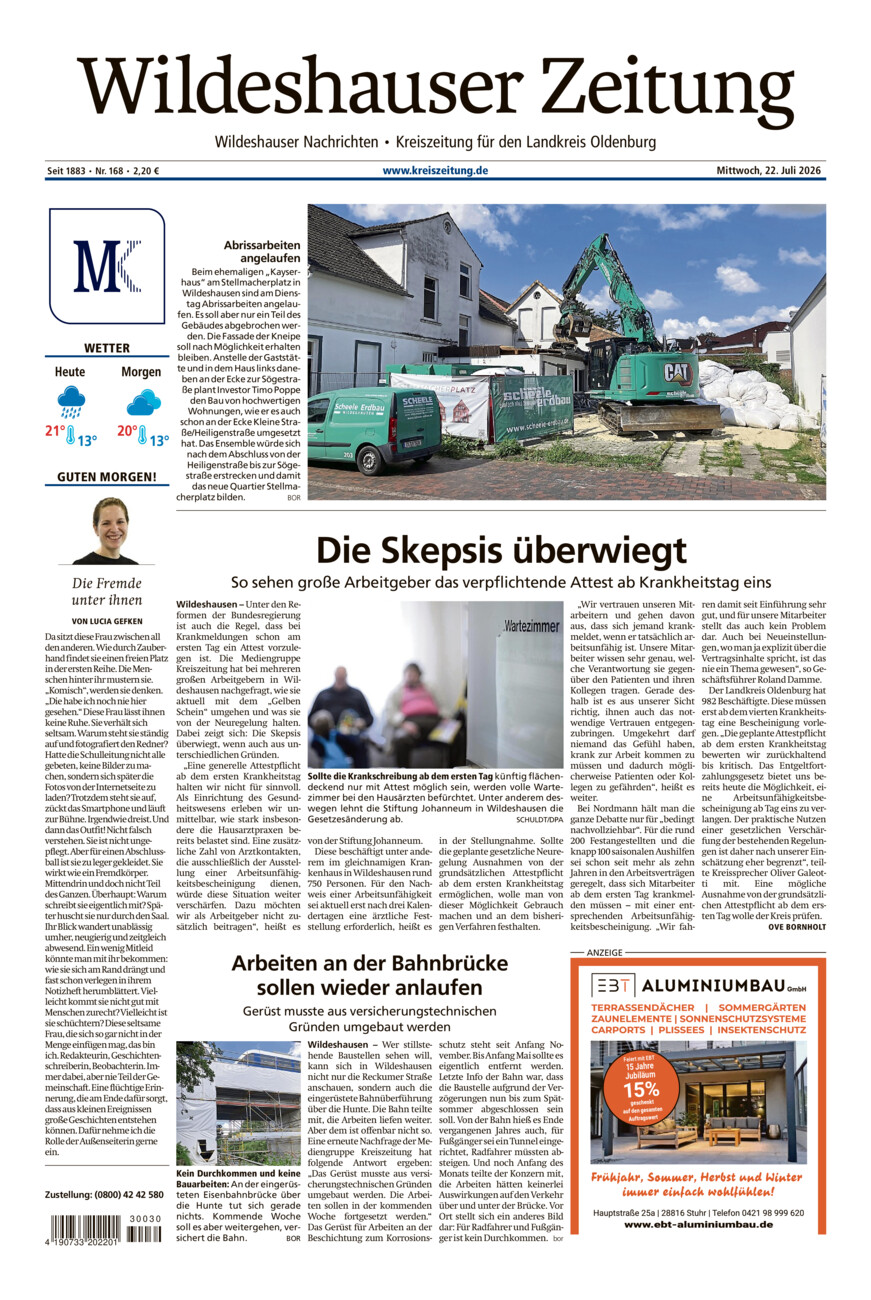 Wildeshauser Zeitung vom Mittwoch, 22.07.2026
