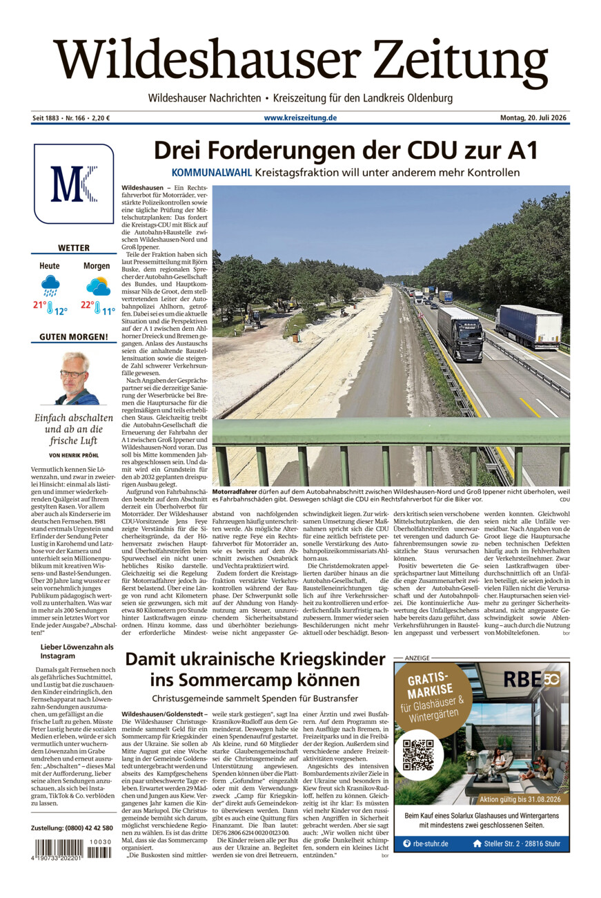 Wildeshauser Zeitung vom Montag, 20.07.2026