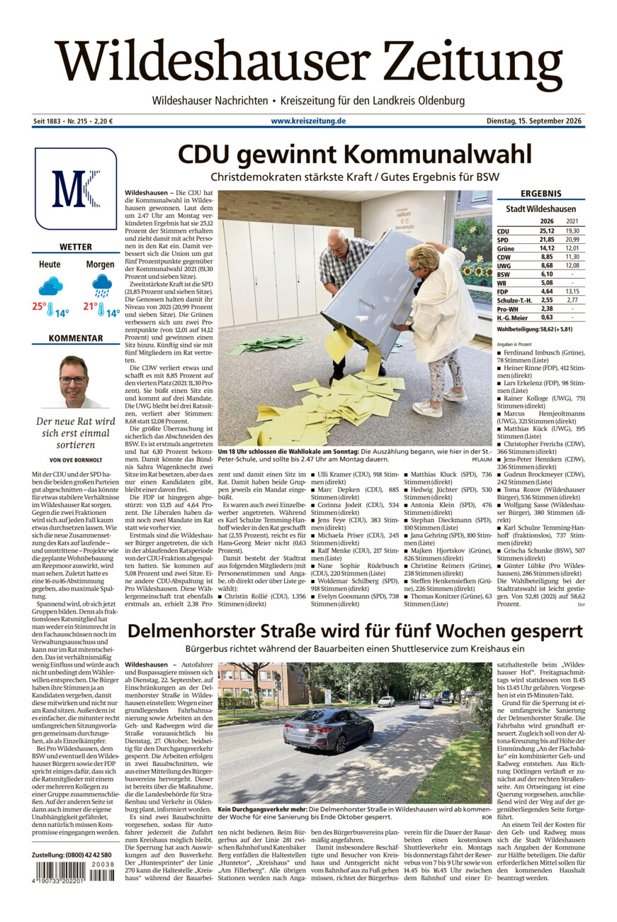 Wildeshauser Zeitung vom Dienstag, 15.09.2026