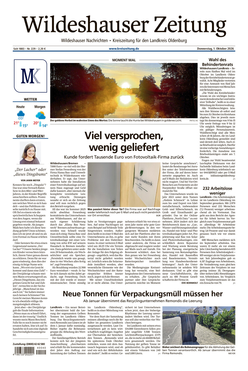 Wildeshauser Zeitung vom Donnerstag, 01.10.2026