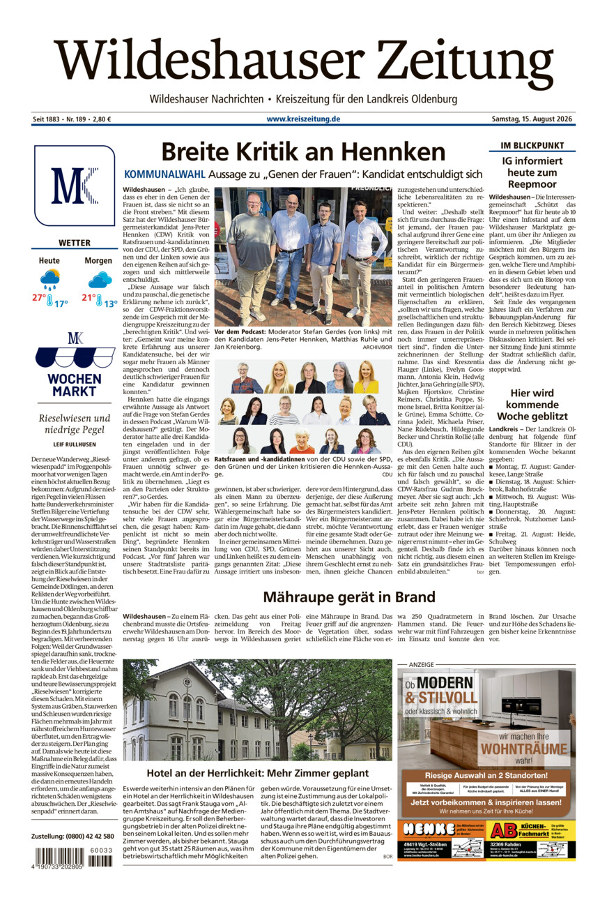 Wildeshauser Zeitung vom Samstag, 15.08.2026