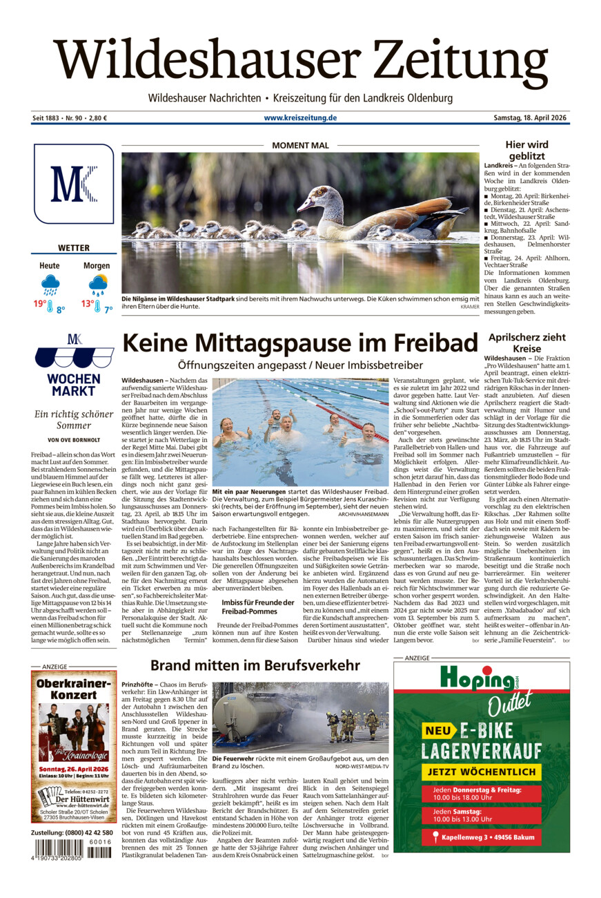 Wildeshauser Zeitung vom Samstag, 18.04.2026