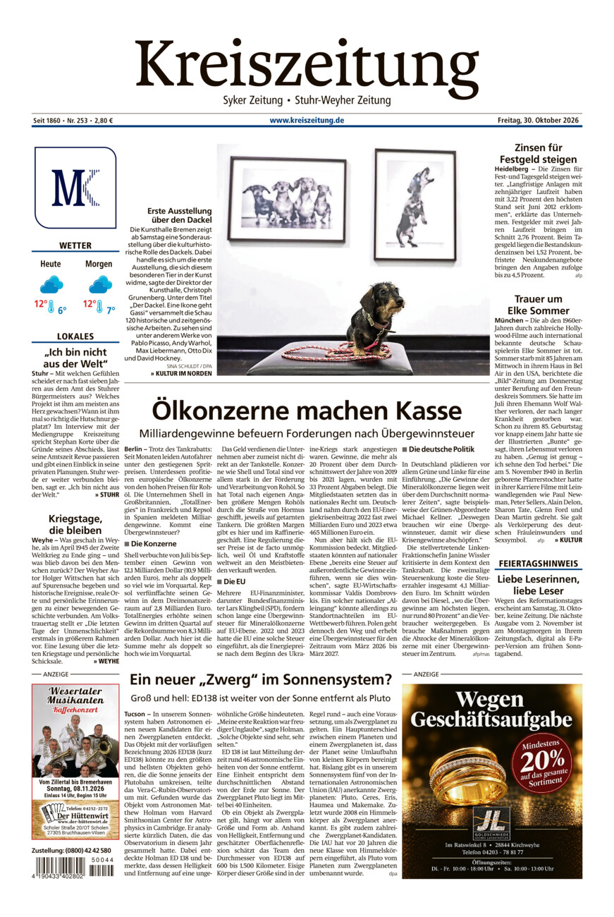 Kreiszeitung Syke/Weyhe/Stuhr vom Freitag, 30.10.2026